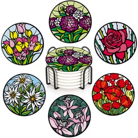 Table Coaster for Drinks Set of 6, Artistic Flowers Round Ceramic Coasters,with Cork Base and Metal Holder,Great Housewarming Birthday Gifts,Home Decor