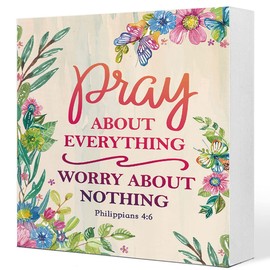 Philippians 4:26 Pray About Everything Worry About Nothing Floral Wooden Sign Desk Decor,Bible Verse Wood Block Sign Desk Decorations for Christian Home Bedroom Girls Room Office Shelf Table Decor
