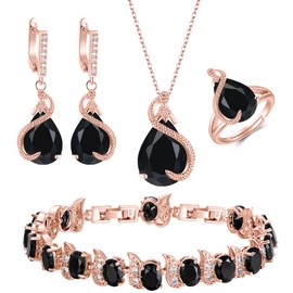 EVER FAITH Wedding Jewelry Set for Bride Bridesmaid,Teardrop Cubic Zirconia Women Jewellery Set Pendant Necklace Earrings Tennis Bracelet Open Ring Sets for Birthday/Valentine's Day/Mother's Day/Christmas Black Rose Gold-Tone