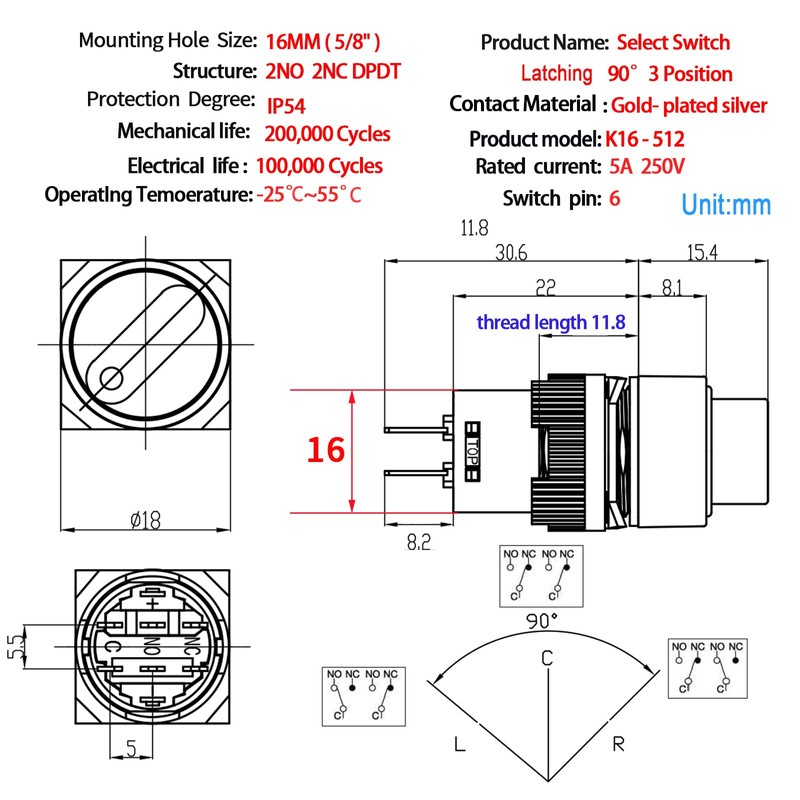 Rotary Switch 16MM Selector Switch 3 Position Select Switch Knob