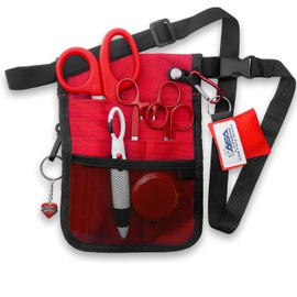 ASA Techmed Nurse Fanny Pack with Trauma Shears & Accessories – Medical Utility Belt with Nursing Supplies Including Tweezers, Bandage Scissors, CPR Face Shield, Measuring Tape - Red