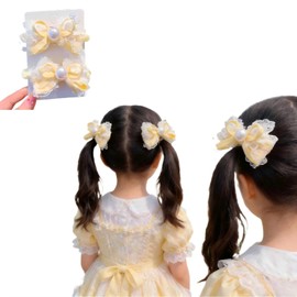 Lolita Ribbon, Pearl, Scrunchy, Kids, Organza, Hair Tie, Girls, Hair Accessories, Baby, Princess Style, Set of 2 (Yellow), yl