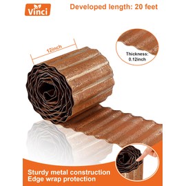 Vinci Garden Landscape Edging Border, 12 Inch x 20 FT Corrugated Sturdy Metal Easy Installation Safe Hemmed Lawn Garden Border Edges for DIY Flower Beds,Pathways and Patio Design (Rusted)