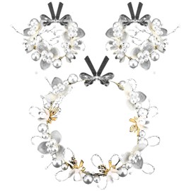 2Pcs Flower Girl Headpiece Set for Girls Bride Gold Wedding Hair Accessories Princess Crystal Pearl Flower Headband Goddess Fairy Beaded Wristband (White, One size)