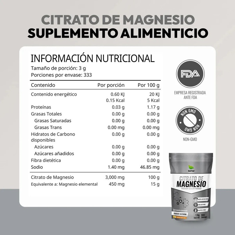 Citrato De Magnesio, Grado Alimenticio 1 Kg Sabor Natural