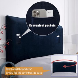 WOMACO Twin/Full Headboard Cover with Remote Pockets, Stretch Velvet Head Board Slipcover, Dustproof Bed Head Cover for Upholstered Headboard (Dark Blue, 35" - 50")