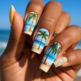 BLGTGH Medium Square Press on Nails Summer Fake Nails with Coconut Tree Design Blue Beach Glue on Nails Full Cover Glossy Yellow Stick on Nails Reusable Artificial False Nails for Women Girls Manicure 24Pcs