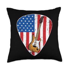 Vintage Retro Rock American Flag Guitar Pick Musician Throw Pillow