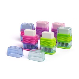 Ouksma Set of 6 Dual-Hole Pencil Sharpeners with Erasers for School, Office and Art Supplies (Green/Pink/Purple)