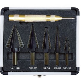 5 PCS Step Bit Combination with Automatic Center Punch, High-Speed Steel Titanium Coated Bit Set (Total 50 Sizes), DIY Lovers Complete with Aluminum Case
