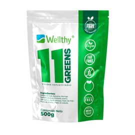 Wellthy 11 Greens Jugo Verde en Polvo 500g con Espirulina. Producto Vegano, Fat Free, Gluten Free, 100 porciones por Envase, NON GMO, Bottle Free.    