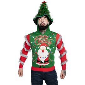 Unisex Men‘s Ugly Christmas Santa Sweater Pullover with Hat Knitted Funny Christmas Holiday Vacation Pullover Sweater -Santa/Medium Size (20014)
