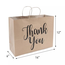 SSWBasics Large Kraft Thank You Paper Shopping Bags - 16”L x 6”D x 12”H - Case of 100