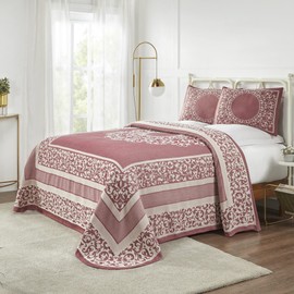 SUPERIOR Cotton Blend Bedspread Set, Includes Oversized Bedspread and 2 Matching Pillow Shams, Light Weight Blanket, Bedding Decor, Jacquard Vintage Floral Mandala, Lyron Collection - Twin, Berry Red