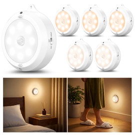 YiaMia Motion Sensor Under Cabinet Lights - 6 Pack, Indoor Smart Sensor Night Light, 3 × AA Battery Operated Wireless Stair Light, Dimmable Puck Lights Suitable for Kitchens, Wardrobes, Hallway