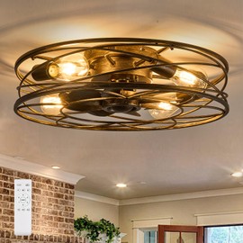 Flush Mount Caged Ceiling Fan: 20" Caged Ceiling Fan with Lights and Remote, Bladeless Low Profile Ceiling Fans 6 Speed Reversible Quiet Industrial Enclosed Ceiling Fan for Bedroom Dining Room Kitchen