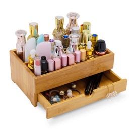 GOBAM Bamboo Makeup Organizer and Storage with Drawer, Wooden Cosmetic Organizer Countertop for Bathroom, Bedroom, Kitchen & Dresser, Desk Organizer with Drawers and Make up Vanity Station - Medium