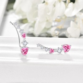 KINGWHYTE Heart Climber Earrings For Women 925 Sterling Silver October Birthstone Earrings Pink Crystal Earrings Tourmaline Jewellery October Birthday Gifts