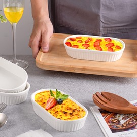 Delling 8 Oz Ramekins - Souffle Dishes Oven Safe, Oval Ramekins for Baking Crème Brulee, Porcelain Dessert Bowls, Set of 6, White