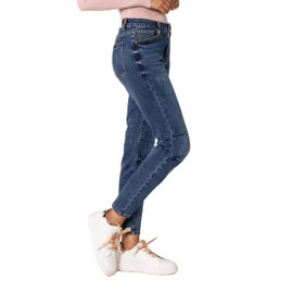 Nina Carter Women's Boyfriend Jeans High Waist MOM Jeans Parachute Style Used Look Wash Effect, Dark Blue (Q1892-1)