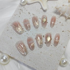 Short/Medium Oval Nails Handmade French Tip Press on Nails with Designs, Cat Eye/Aurora Women Reusable False Nails (Fishtail Golden, Small)