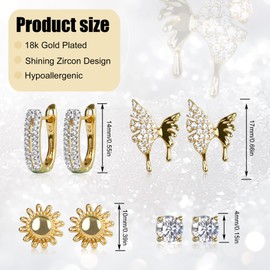 OPUHOHR 4 Pairs Earrings 18k Gold Earrings with AAA Cubic Zirconia Hypoallergenic Golden Stud Earrings for Women Girls Gifts, Zirconia