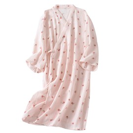 100% Cotton Bathrobe, Women's Nightgown, Yukata, Pajamas, Bathout, Loungewear, Loungewear, Gown, Kimono, Sleepwear, Cute, Floral Pattern, pink-2