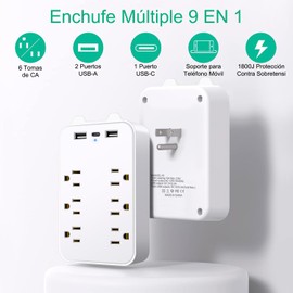 Multicontacto de Pared, Protector de Sobretensión de Pared con Extensor de 6 Tomas con 3 Puertos USB (1 USB-C), Regleta Multicontacto Extensiones Eléctricas Enchufe de pared para Oficina Casa