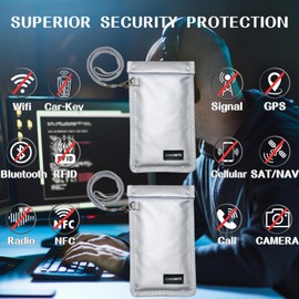 Caredgitz Faraday Bags for Phone - Farady Pouch Key Fob Protector w/Lanyard, RFID Signal Blocker for Car Keys Anti-Theft, Cell Phone Signal Blocking Bag Anti-Hacking, Fire-Resistant, 2 Pack, Silver