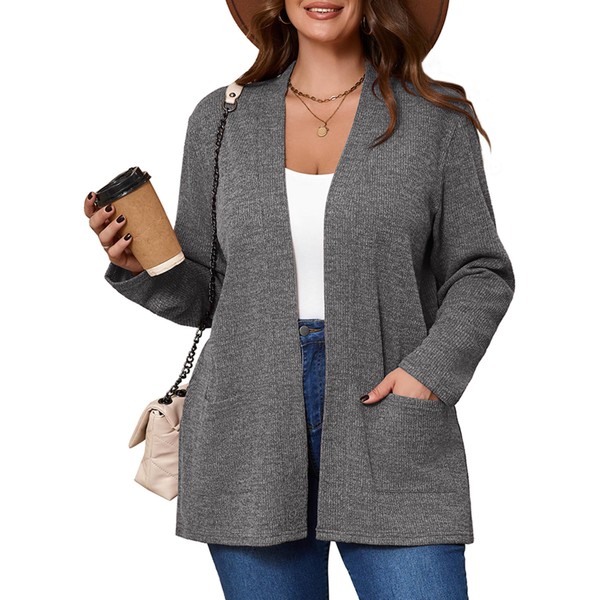 AusLook Women's Plus Size Lightweight Open Front Cardigan Dark Gray