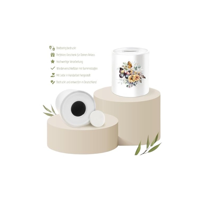 Personalisierte Spardose zur Kommuion, Konfirmation,Firmung oder Jugendweihe, Pusteblumen-Design, Keramik, mit