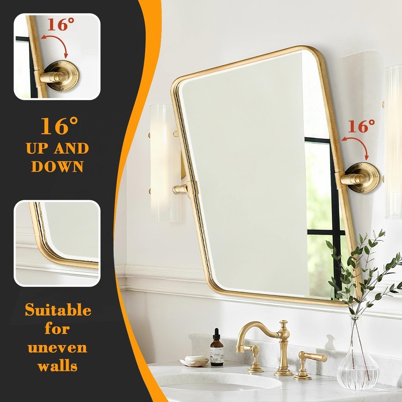 Besdomus Bathroom Pivot Wall Mirror: 20"x24" Gold Tiltable Beveled HD