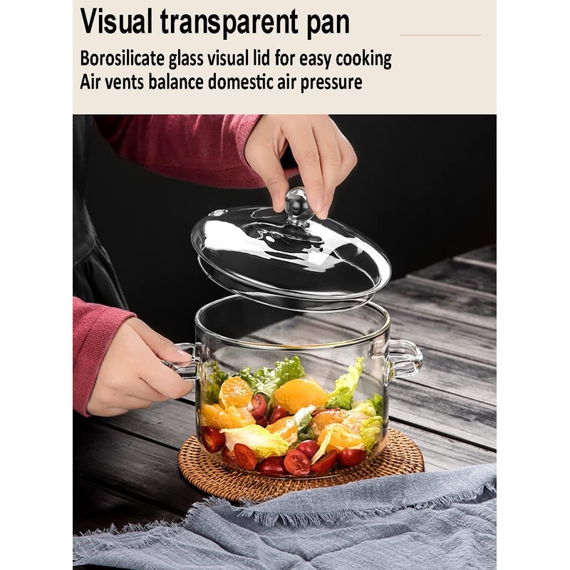 Glass Cooking Pot - 2L/67oz Heat-Resistant Borosilicate Glass Handmade Cookware