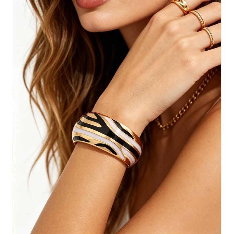 Wotfim Chunky Gold Bangle Bracelets for Women Enamel Zebra-Print Cuff