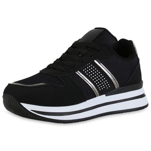 VAN HILL Women's Platform Trainers with Wedge Heel Metallic Rhinestone,