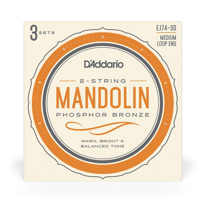 D'Addario Mandolin Strings, Phosphor Bronze, EJ74-3D, Medium Gauge 11-40, 8-String