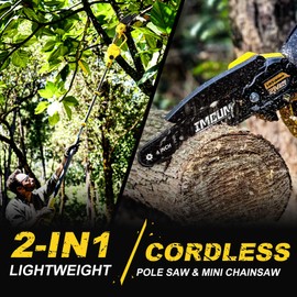 IMOUMLIVE 2-IN-1 Cordless Pole Saw & Mini Chainsaw, 21V 3.0Ah Battery Powered 6 Inch Electric Pole Chainsaw, 6.6 LB Lightweight, 14.8-Foot MAX Reach Pole Saw for Tree Trimming