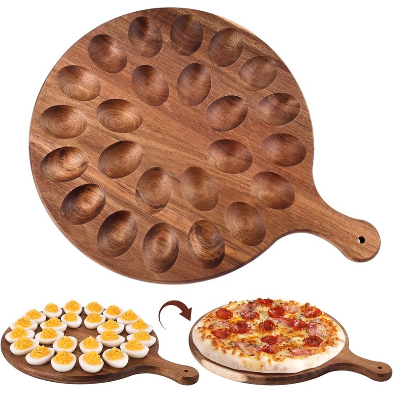 Reversible Deviled Egg Tray Multi-Holes Round Egg Platter Thickened Wooden