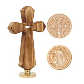 Wax Seal Stamp with St Benedict Medals (Medalla De San Benito), Wooden Cross Handle (Cruz de Madera), Catholic Gifts and Home Décor, 5" Cross with 30mm Brass Head (Emblem+Figurine+Handle)