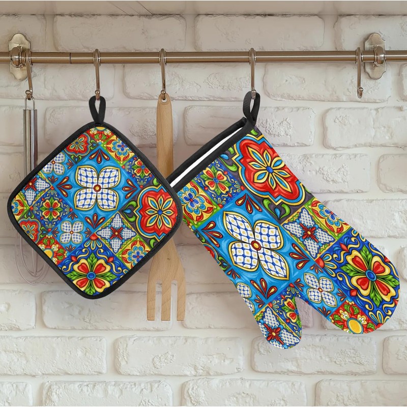 Oven Mitts and Pot Holders Sets of 2,Mexican Talavera Flower