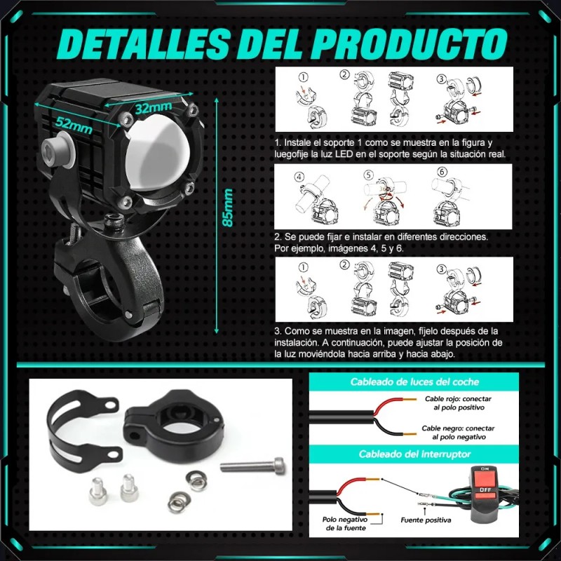 2 Faros Luces Led Auxiliares 4 Modos Lupa Para Moto