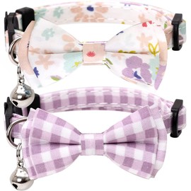2 Pack/Set Cat Collar Breakaway with Cute Bow Tie and Bell Plaid Flower for Kitty Adjustable Safety