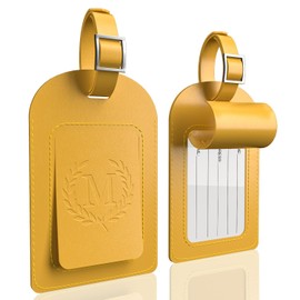 Alphabet Luggage Tags, 3 Pack Yellow Initial Bag Tags with Privacy Cover & Replaceable ID Card, Faux Leather Suitcase Tags for Travel, Flights & Cruises