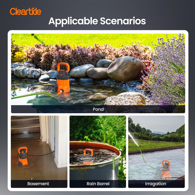 Cleartide Submersible Sump Pump, Smart Water Sensor Auto On/Off, Manual/Auto