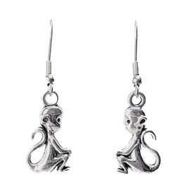 Sitting Monkey - 19x11mm - Silver alloy charm dangle earrings. Hypoallergenic Fishhook or Ball Post Earrings Option