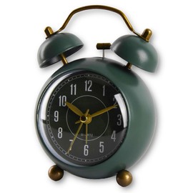 A5 Elegant Compact British Style Silent Twin Bells Alarm Clock, Night Light, Non-Ticking Retro Design, Vintage Metal Bedside Clock for Bedroom, Kitchen, Kids, Study, Office (British Racing Green)