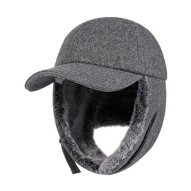 PivotWing Winter Hat with Ear Flaps, Winter Wool Baseball Cap for Men Women Trapper Bomber Aviator Hunting Hats Cold Weather Faux Fur Baseball Caps for Hiking Fishing Walking Dark Heather Gray