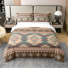 Queen Size Southwestern Duvet Cover 100% Cotton Geometric Pattern Bedding Set for Kids Tribal Style Comforter Cover Set Native American Design Brown Bedspread Cover Room Decor Bedclothes Zipper