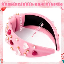 PANTIDE Heart Jeweled Knotted Headband - Valentine's Day Heart Rhinestone Crystal heart Embellished Headband Wide Top Knot Fashion Hairband Accessories Christmas Birthday Gift for Women Girls (Pink)