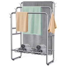 40" H Free Standing Towel Rack with 2 Storage Baskets & 6 Hooks, 3 Tier Silver Metal Towel Stand for Extra Large Towel, Modern Industrial Blanket Ladder Display and Drying Rack for Bedroom Bathroom